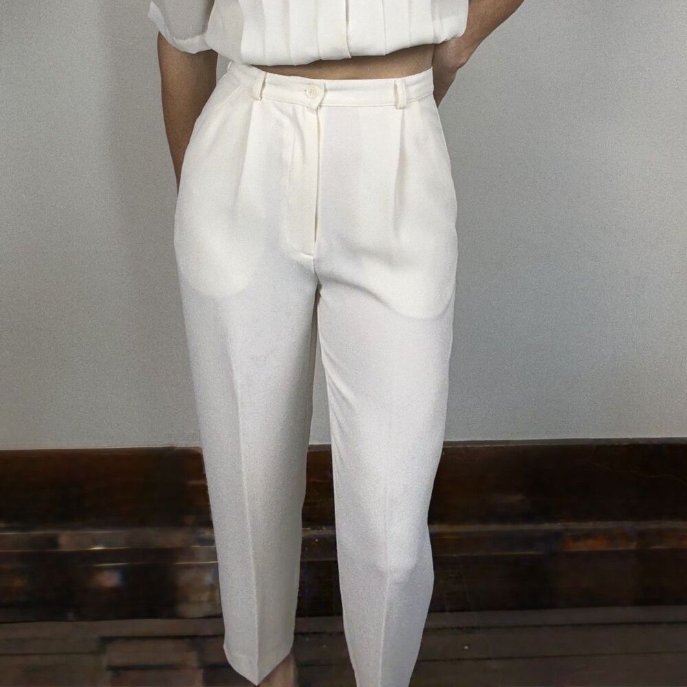 Vintage Karen Scott Petites Ivory White Pleated High Waisted Dress Pants